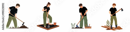 Set of illustrations featuring people gardening, planting, and working the soil with various tools, suitable for agriculture and hobby themes.