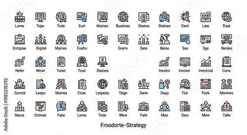 Business strategy icons set, marketing and finance