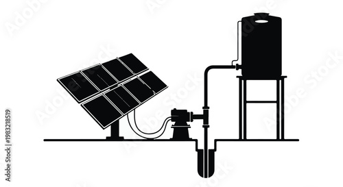 Silhouette of a solar powered water pump system with storage tank and panels