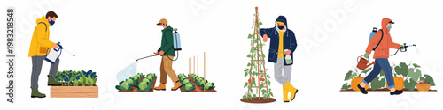 Vector illustrations of farmers in protective masks and gear spraying pesticides, herbicides, or liquid fertilizers on various garden vegetables and crops.