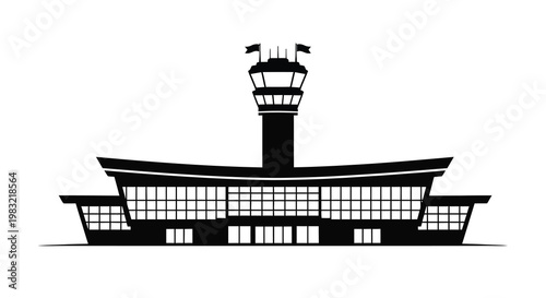 Black and white illustration of an airport control tower and terminal building