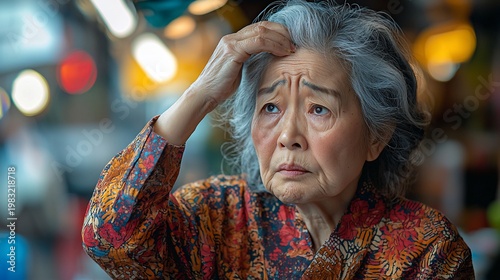 Elderly woman with thoughtful expression, hand on forehead, possibly pondering or experiencing worry