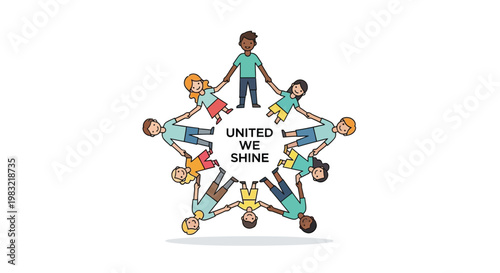 Diverse kids hands together, United We Shine, teamwork vector illustration, children unity concept, colorful graphic design element
