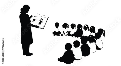 Silhouette of a teacher reading a storybook to a group of children in a circle