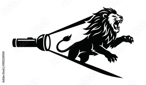 A black and white illustration of a roaring lion