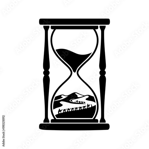 A black and white illustration of an hourglass