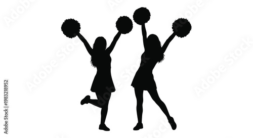 Silhouette of three cheerleaders raising pom poms in a dynamic pose