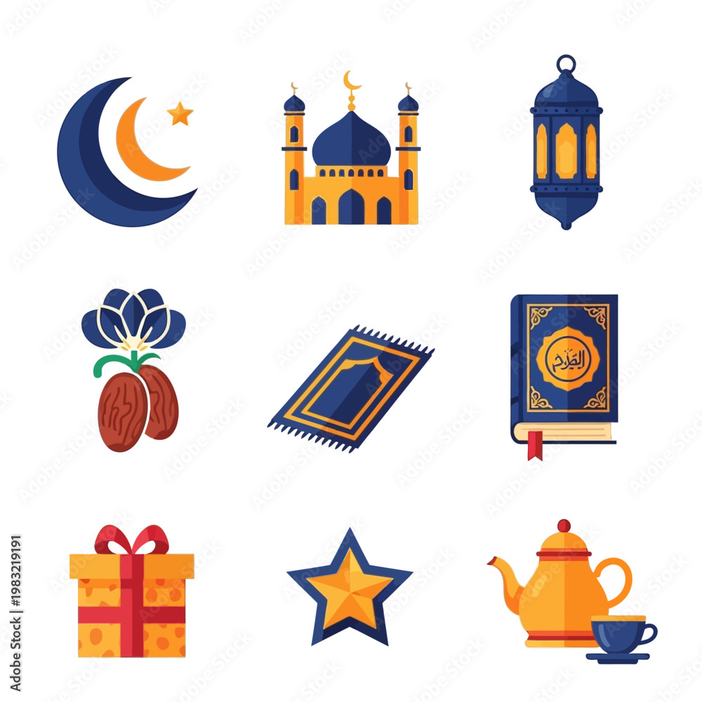 Fototapeta premium Islamic Icons Set: Ramadan, Eid, Mosque, Quran, Dates, Lantern, Prayer Mat, Gift, Star, Tea