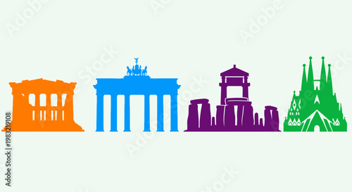Iconic Landmarks Silhouette Collection: Athens, Berlin, Stonehenge, Barcelona