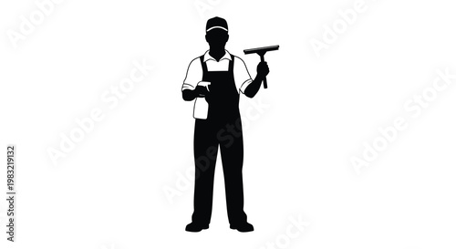 Silhouette of a window cleaner holding tools and spray bottle