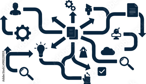 Flowchart of interconnected concepts and digital workflow symbols