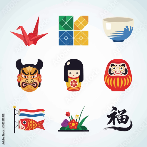 Japanese Culture Icons: Origami, Kokeshi Doll, Daruma, Mask, Tea Bowl, Carp Flag