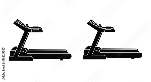 Two black silhouettes of modern treadmills displayed side by side