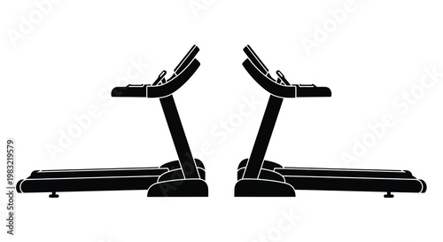 Two black silhouettes of treadmills facing each other isolated on white