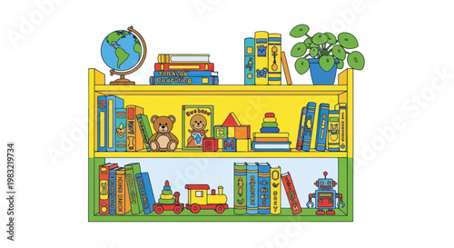 Children's Bookshelf with Toys, Globe, and Plant - Education and Play