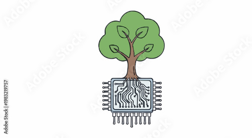 Green technology concept a tree growing from a computer chip, symbolizing innovation in eco-friendly digital solutions