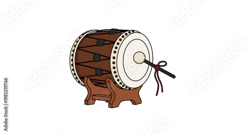 Japanese Taiko Drum on Wooden Stand with Drumstick