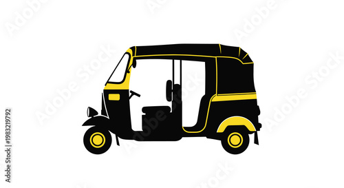Stylized illustration of a black and yellow auto rickshaw on white