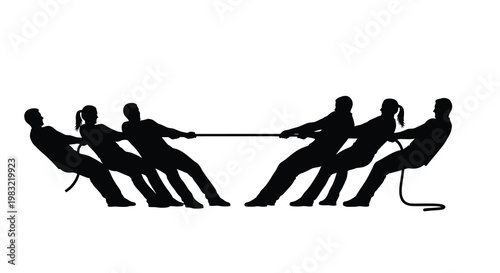 Silhouette of a team engaged in a classic tug of war competition