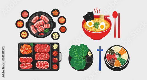 Korean Food Assortment: BBQ, Ramen, Bibimbap, and Kimchi