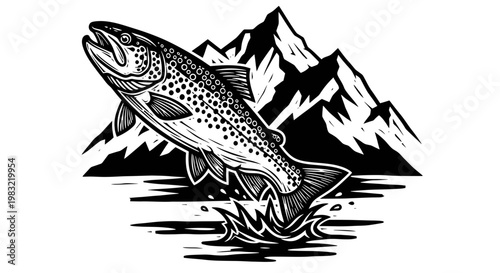 Leaping Trout Fish Against Mountain Landscape, Fly Fishing Art