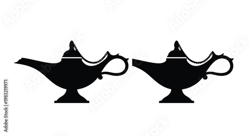 Two identical black silhouettes of traditional genie lamps against white