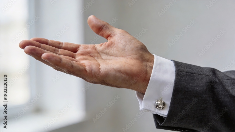 Obraz premium Businessman hand open palm gesture in gray suit with silver cufflink professional office setting presenting concept offering help corporate communication male hand detail formal