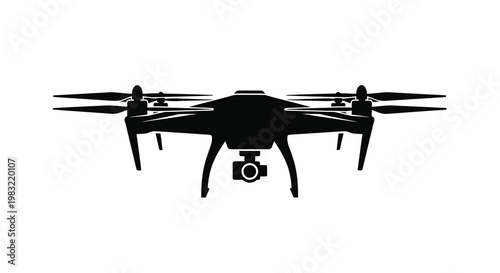 A black silhouette of a modern quadcopter drone with a camera gimbal