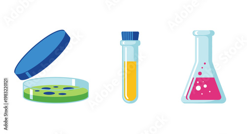 Laboratory equipment: petri dish, test tube, and flask with colorful liquids
