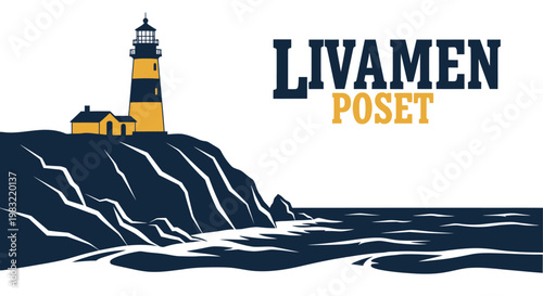 Lighthouse on Rocky Coastline with Crashing Waves and Text "LIVAMEN POSET"