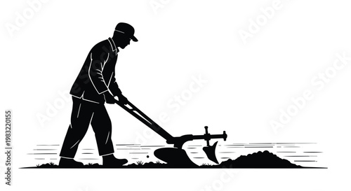 Man farmer working with tiller machine in field farm agriculture silhouette illustration