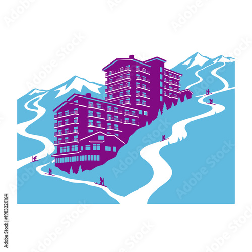 Luxury ski resort hotel nestled in snowy mountains with ski slopes and skiers