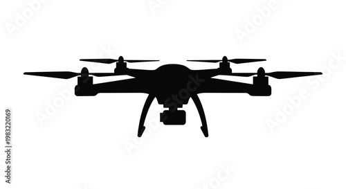 A black silhouette of a modern quadcopter drone with a camera