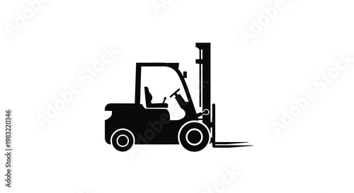A black silhouette of a modern industrial forklift on a white background