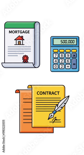 Mortgage Contract and Calculator - Real Estate Investment and Financial Planning Icons