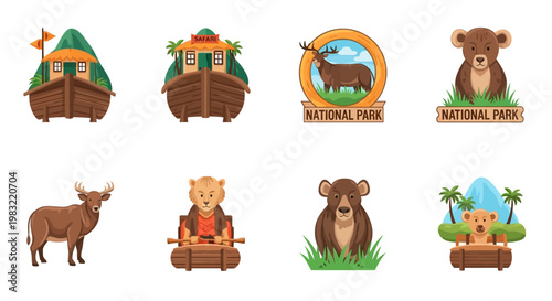 National Park Wildlife and Adventure Icons: Bear, Deer, Buffalo, Boat