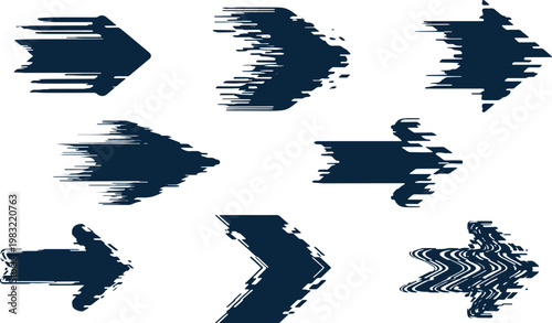 Distorted and abstract arrow designs with varying degrees of visual noise and degradation