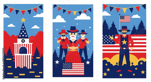 Patriotic American Triptych: Independence Day Celebration with Festive Icons