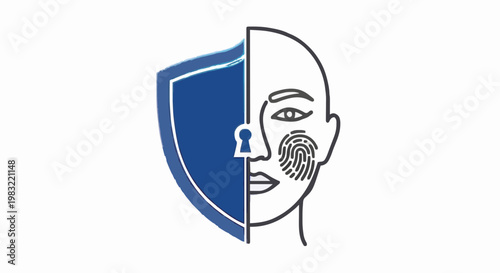 Secure digital identity concept with biometric authentication, represented by a protective shield and a human face displaying a unique fingerprint for enhanced data privacy and access control