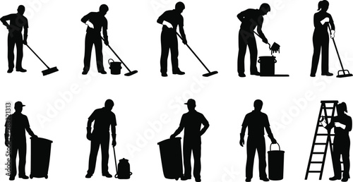 Silhouettes of people performing various cleaning and maintenance tasks