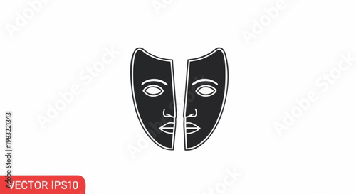 Abstract illustration of dual theatrical masks in black and white, representing drama and performance art, symbolizing duality and expression