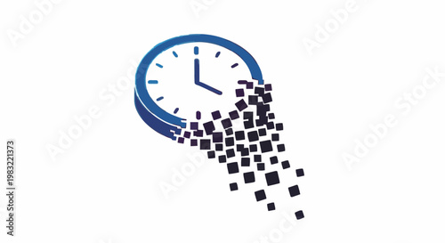 Abstract clock dissolving into digital pixels, symbolizing time decay, digital transformation, and data loss