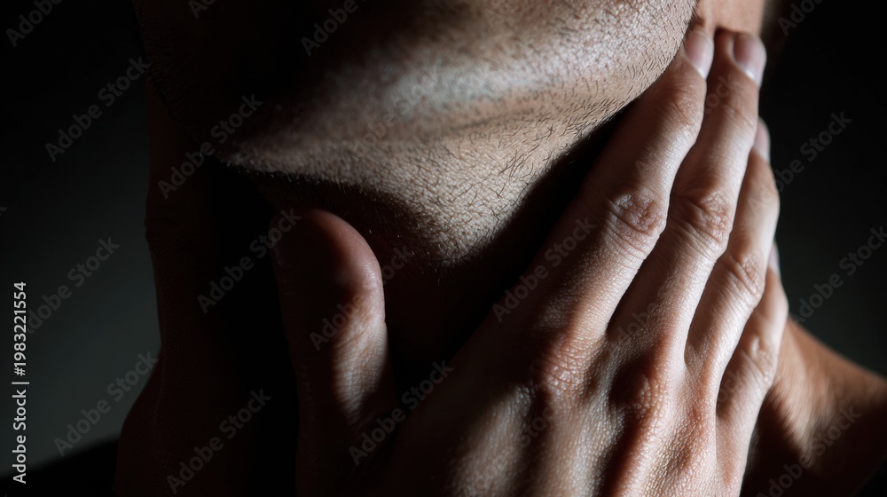 Fototapeta premium Person examines neck for pain. Carefully press carotid during personal health evaluation. Individual performs selfassessment by palpating neck and carotid areas for pain or abnormalities