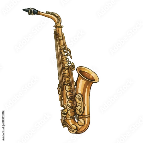 A shiny golden saxophone isolated on a clean white background representing jazz music and melody