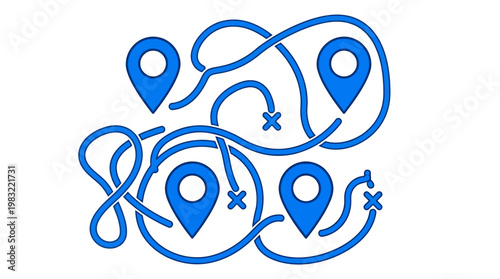 Connected location pins with looping map routes illustrating navigation, route planning, and travel logistics.