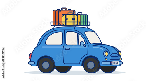 Whimsical blue vintage car with rooftop luggage rack on a joyful road trip illustration