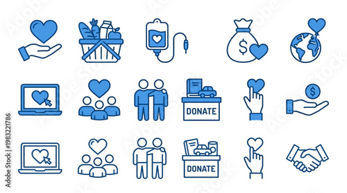 Blue line charity and donation icons set illustrating giving, fundraising, volunteering, community support, and nonprofit activities.