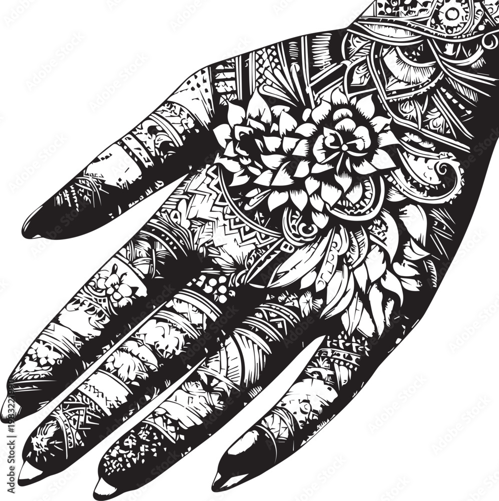 Wall Mural Intricate Mehndi Silhouette Vector in Black and White Traditional Henna Art Desi