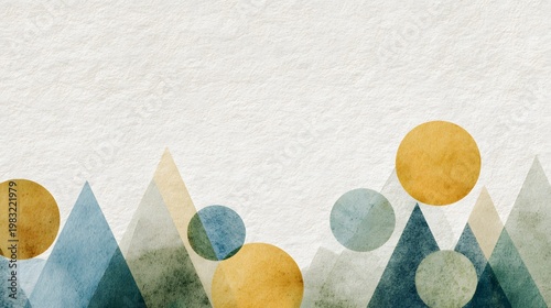 Modern Geometric Border with Watercolor Mountains and Sun Shapes on White Paper