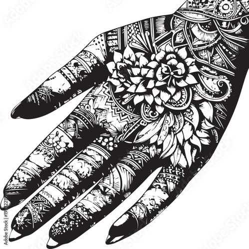 Canvas Print Intricate Mehndi Silhouette Vector in Black and White Traditional Henna Art Desi